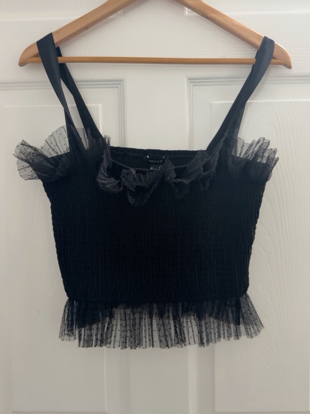 Forever 21 Black Ruffled Mesh Smocked Crop Top